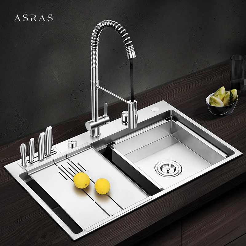 

ASRAS Large Size Handmade Sink SUS 304 Stainless Steel 4mm Thickness Above Mount Installation Kitchen Sinks With Knife Holder