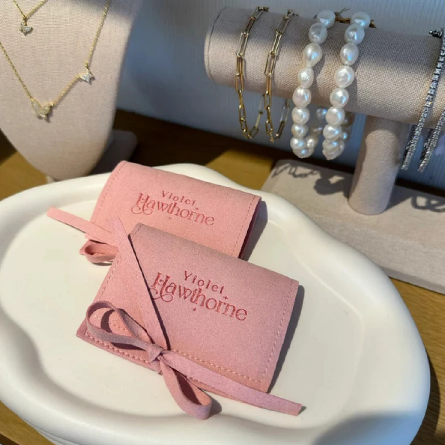 

10x10cm Custom Logo Printed Earrings Necklace Microfiber Jewelry Pouch with Ribbon Envelope Gift Packaging Bags