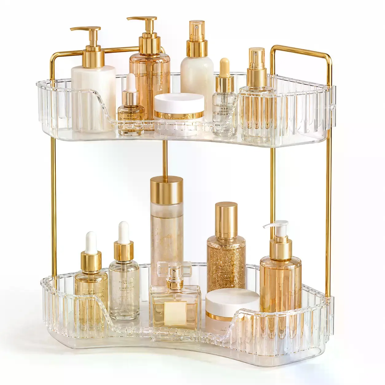2-Tiers Plastic Corner Bathroom Counter Organizer - Gold Metal Pole Shelves, Makeup Organizer Storage Rack, Cosmetic Perfume Tray Holder for Vanity Sink, Bathroom Gadget, Bathroom Accessories
