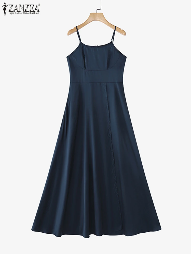 ZANZEA เซ็กซี่ปาร์ตี้ชุดผู้หญิงสายคล้องคอ Vestidos 2025 ฤดูร้อนซาตินผ้าไหม Maxi Dresses Elegant High Slit เสื้อคลุมยาว