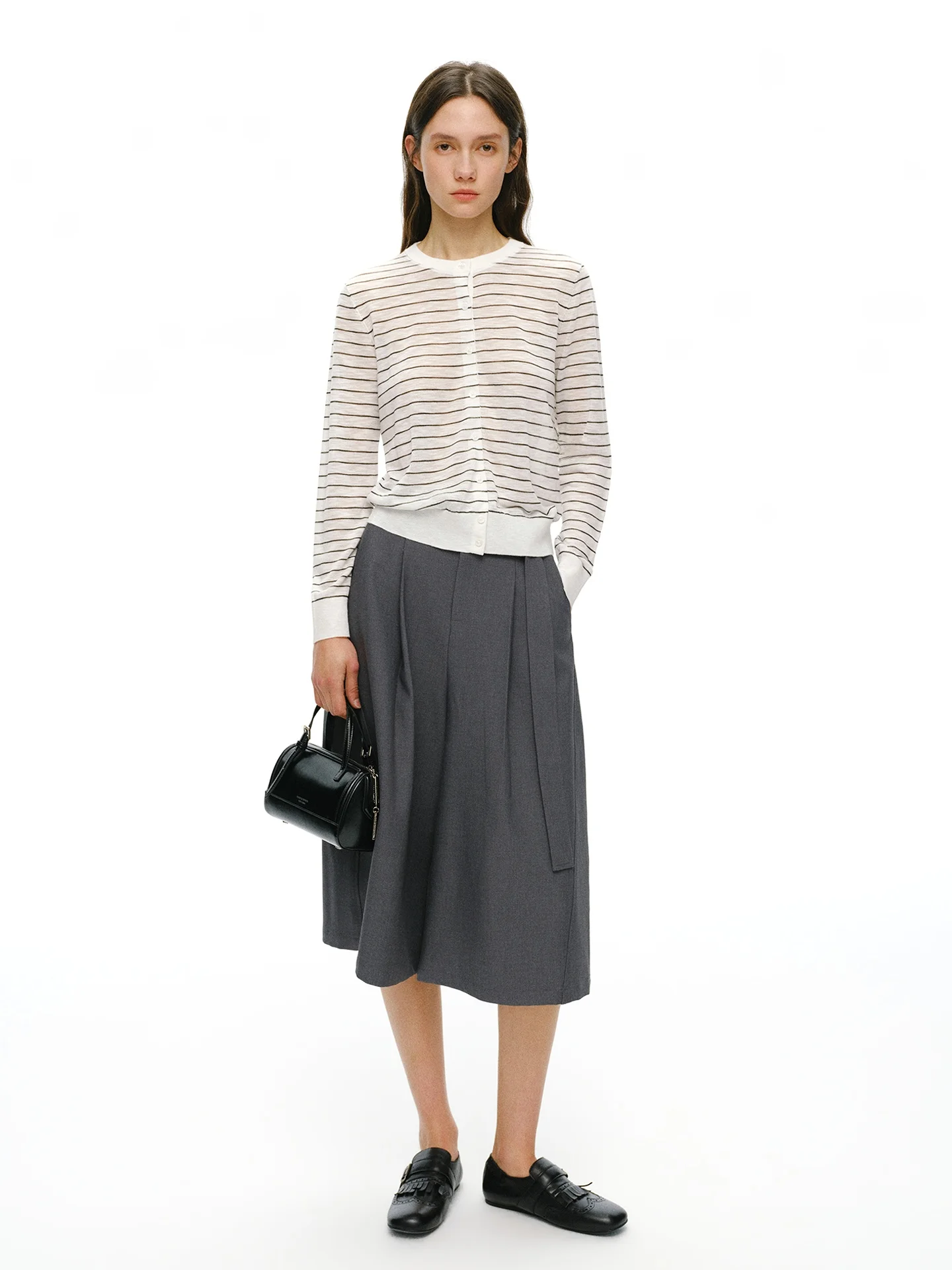 

NANCYLILI26 Spring New Classic Retro Striped Knitted Long Sve Open Cardigan Women Simple Thin Top Loose Fit round Ne