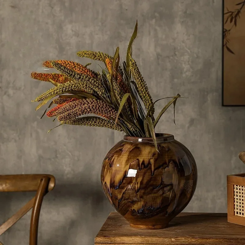 Ceramic vase retro flowing glaze flower utensil antique living room decorative ornament flower pot household bonsai pot round