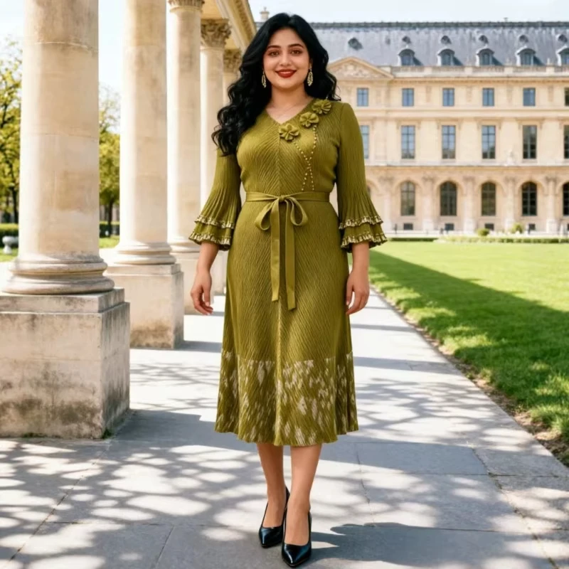 ANLAN Green Pleated Women's Dress Fashion Gold-embossed Three-dimensional Floral Design Elegant Long Dresses 2026 Autumn New