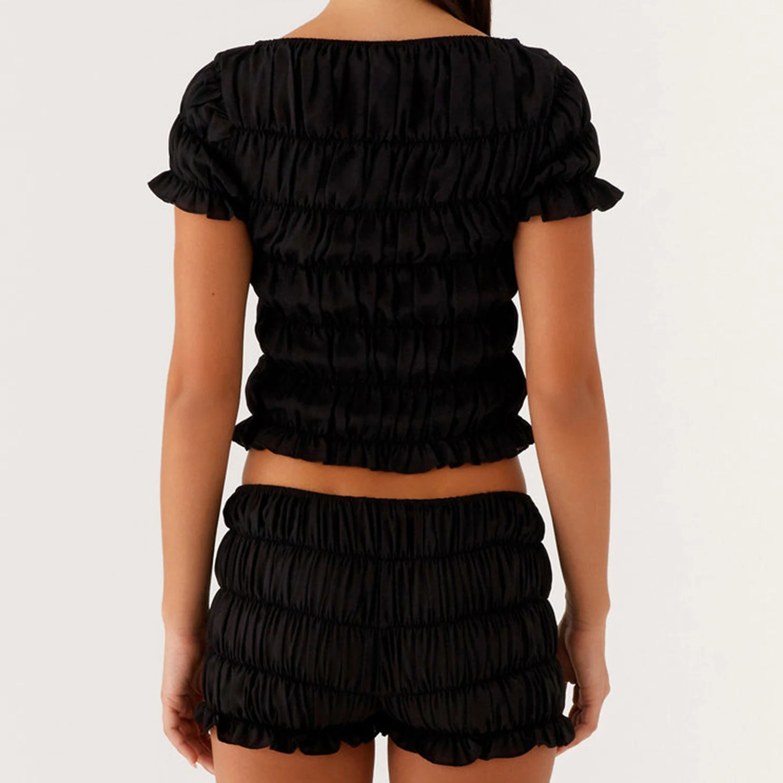 Conjuntos de camiseta y pantalones cortos fruncidos con cuello barco de manga corta de verano para mujer, trajes de salón de 2 piezas para uso diario informal