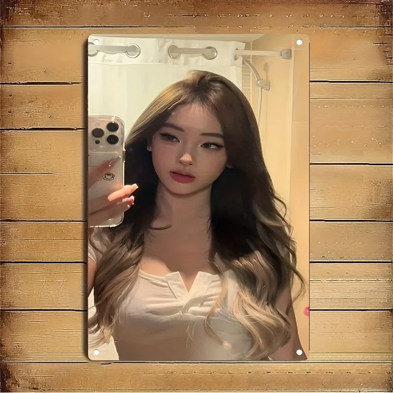 HD Metal Wall Art Cute Korean Girl with Long Wavy Ombre Hair Taking Mirror Selfie in White V-Neck Top Holding iPhone with Cute C