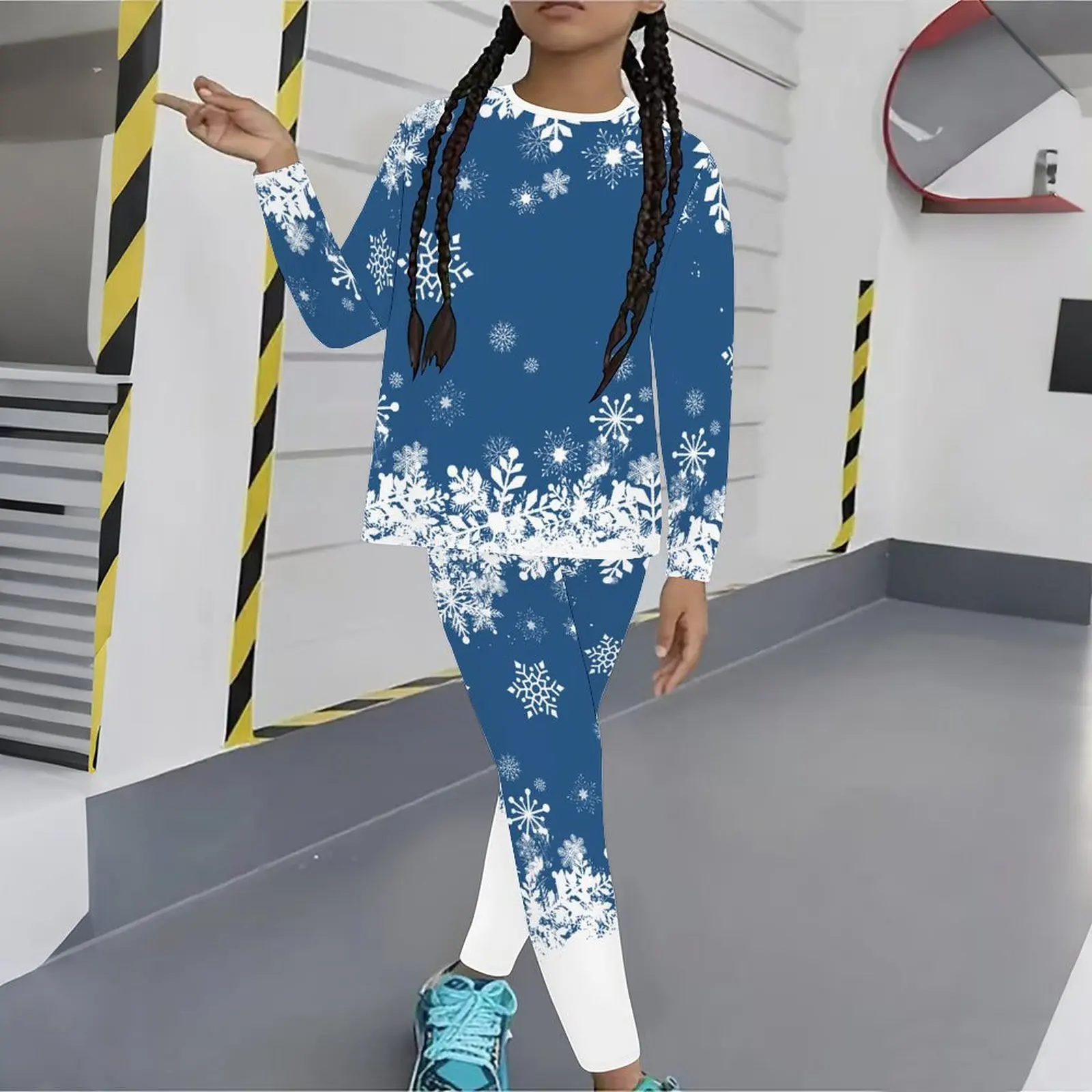 Girls Print Long Sleeve Round Neck Top Cute Two-Piece Casual T-shirt Autumn Christmas Leggings Winter Jogging Pants