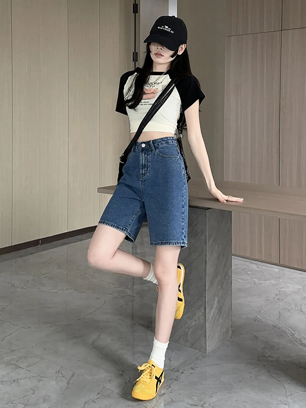 American Retro Loose Wide Leg 5-Point Denim Shorts Women's Summer New Design High Waist Mid-Thigh Five-Point Pants