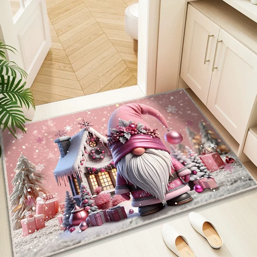 Christmas Gnome Snowman Tree Pattern Doormat Pink and Blue Color Scheme Non Slip Entrance Rug for Living Room Bedroom Decor