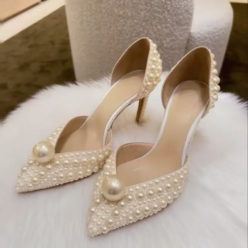 

White Pearl Pointed Toe Thin Heels Women Fashion Cover Heel Hollow Slip On Pumps Lady Elegant Luxury Wedding Evening Party Shoes