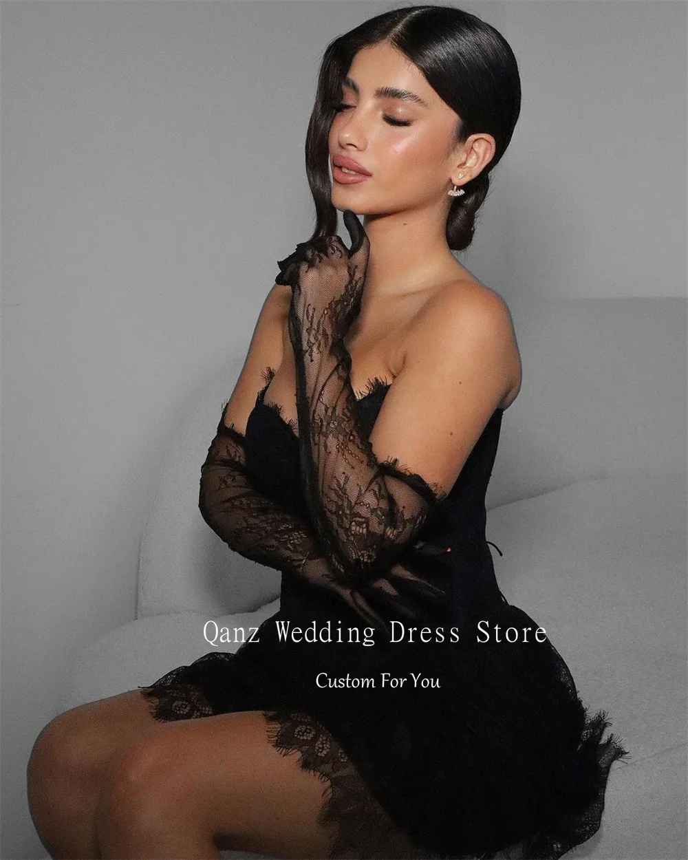 Qanz Black Lace Prom Dresses Appliques Corset Back Vestidos De Gala Short A Line No Gloves Birthday Dresses Luxury Customized