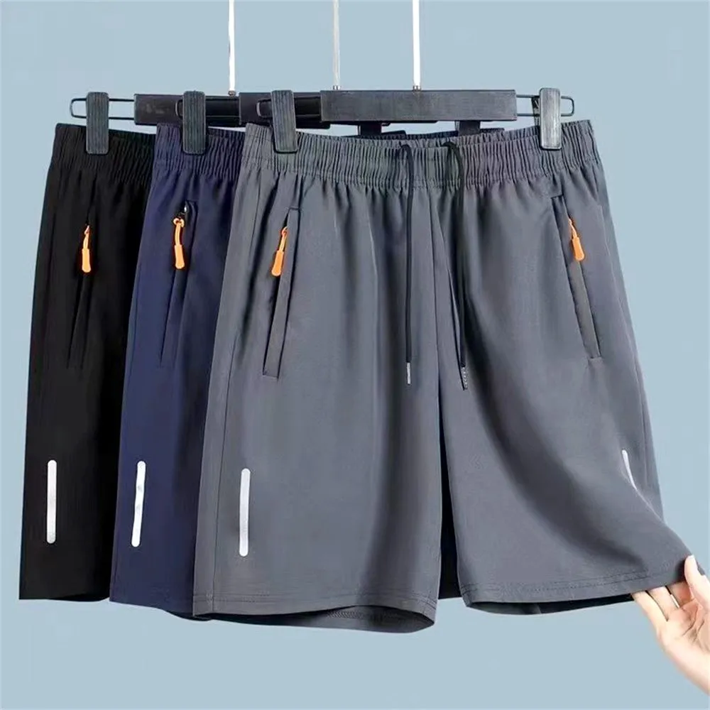 Calção de praia ultra fino de seda gelo masculino, shorts casuais, esporte jogging, secagem rápida, zíper masculino, calça curta esportiva solta, sudorese, verão