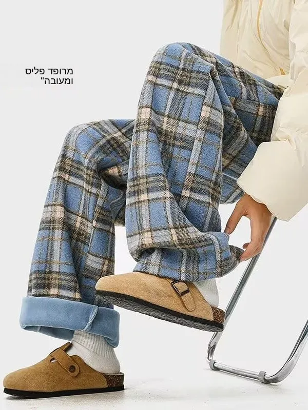 Thickened Fleece Plaid Casual Pants Men Women Winter New Loose Straight Leg Wide Leg High Street Casual Long Pants
