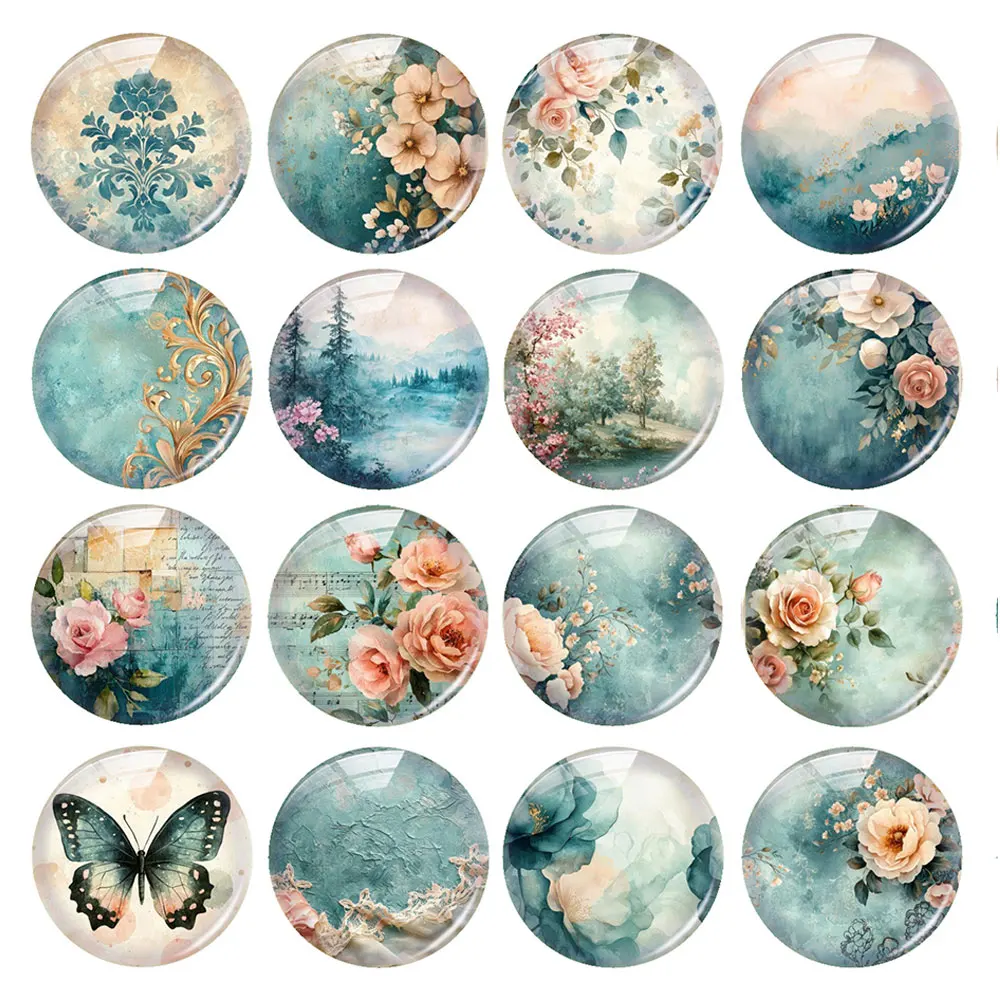 Random Mixed Round/Oval/Square Teal Floral Flower Butterfly Photo Glass Cabochon Flatback Demo Cameo For Diy Jewelry Making