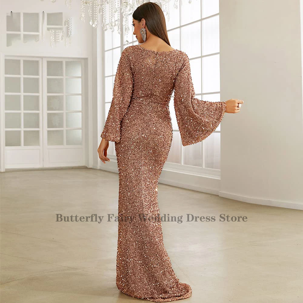 Luxury High-End Ladies Elegant Sequin Mermaid Evening Dress Lantern Long Sleeve Boat Collar Formal Party Dress Fashionable Back