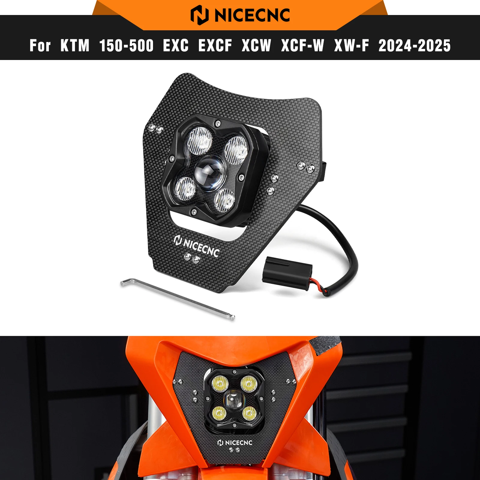 

NICECNC For KTM EXC 300 2024 2025 EXC 380 EXC-F 350 XCW 500 XCF-W XW-F Motorcycle Carbon Fiber LED Headlight Adjustable Headlamp