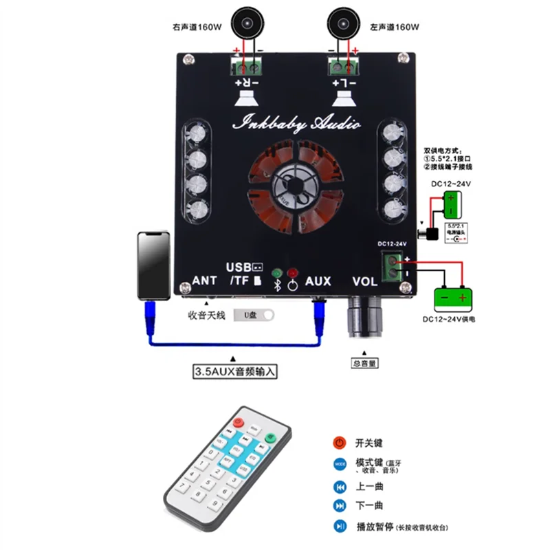 New DC12-24V TDA7496E 160W*2 Dual Channel Stereo Bluetooth 5.0 USB AUX FM Radio Digital Audio Amplifier Board