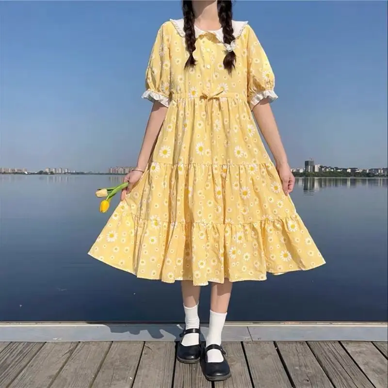 Gaganight Women Yellow Floral Printed Dress 2024 Summer New Loose Fitting Casual High Waisted College Style Puff Sleeves Dresses