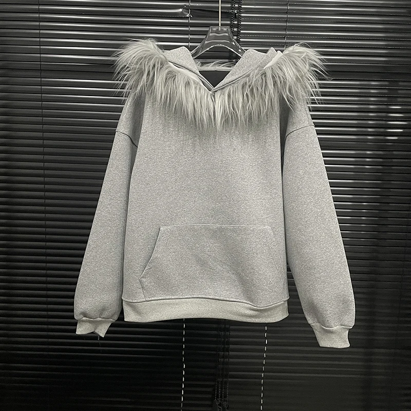 DEAT Trendy Fashion Detachable Fur Collar Sweatshirts For Women Trendy Hooded Solid Color Tops 2025 Spring New Arrival 11A02072