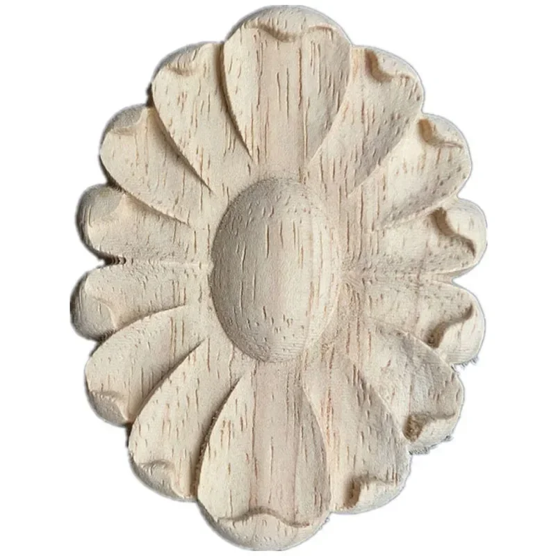 8cm Carved Flower Carving Round Wood Appliques for Furniture Cabinet Unpainted Wooden Mouldings Decal Decorative Figurine