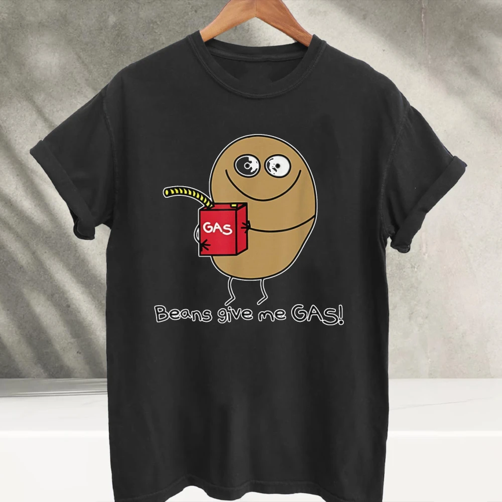 Funny Beans Give Me Gas Cartoon Bean Character Graphic T‑Shirt Humor Food Joke Gas Can Comic Print Soft Cotton Casual Streetwear