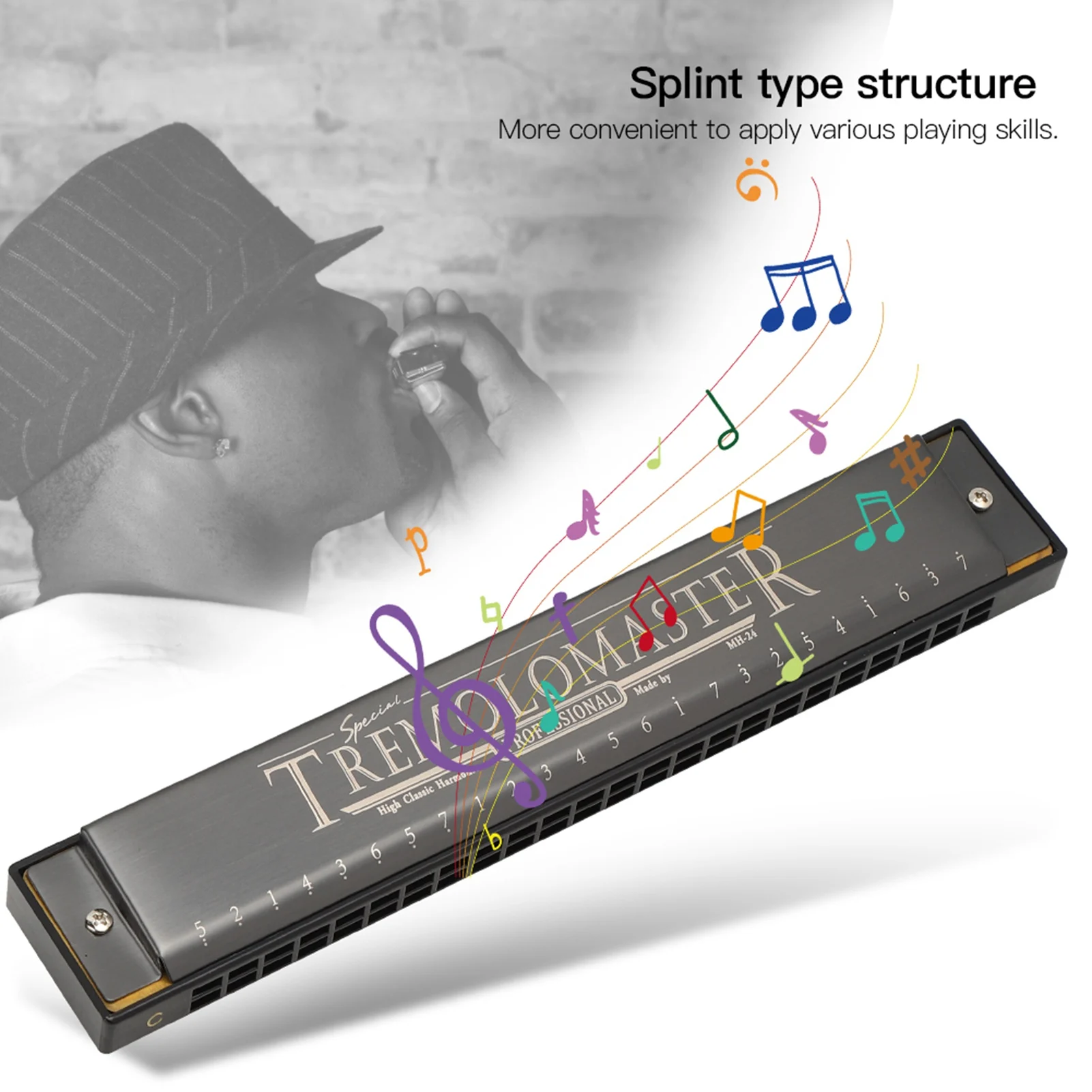 Mouthorgan Harmonica Diatonic Harp C مفتاح 24 حفرة لامعة سوداء نوير براعة MH-24 مادة القصب لوحة قاعدة نحاسية 1.0 مللي متر نحاس #4