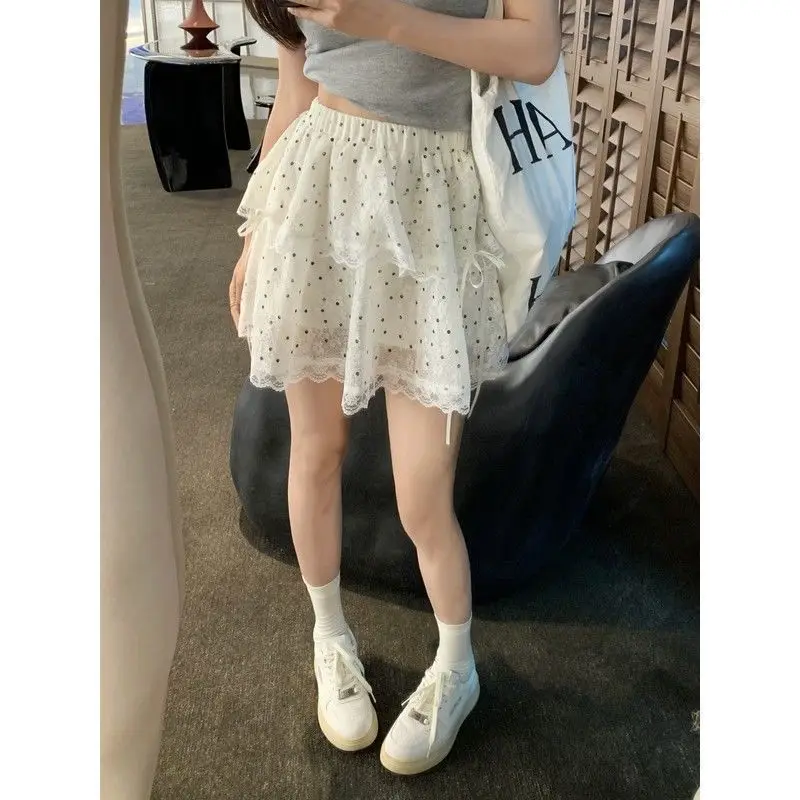 

Summer Polka Dot Lace Short Skirt Women's Miu Series Cake Skirt Sweet Wood Ear Bordered High Waist Polyester Fiber Commute