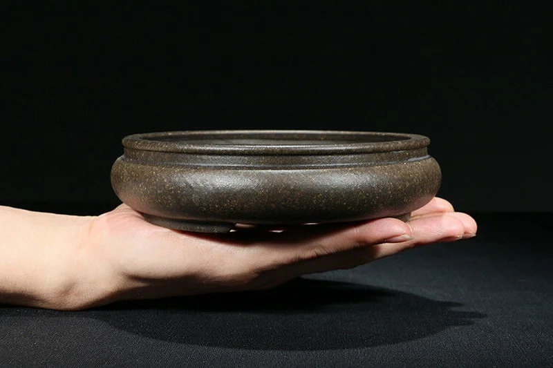 Bronze Round Chinese Yixing Zisha Shohin Bonsai Pot 15x15x4cm