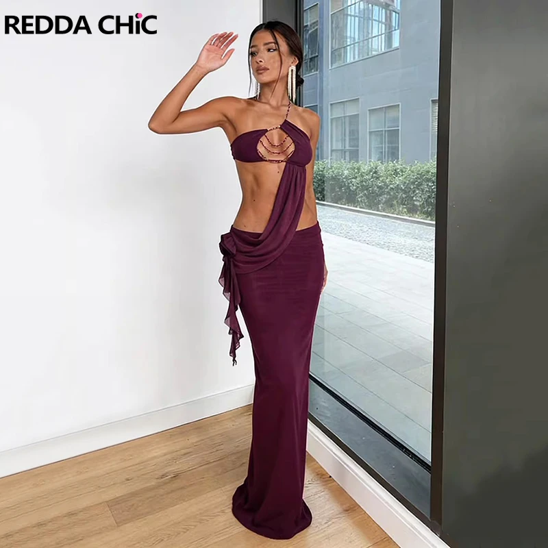 

ReddaChic Women Cut Out Bandeau Dress 3D Applique Asymmetric Beaded Chain Corset Bodycon Maxi Long Dress Sexy Summer Clothes