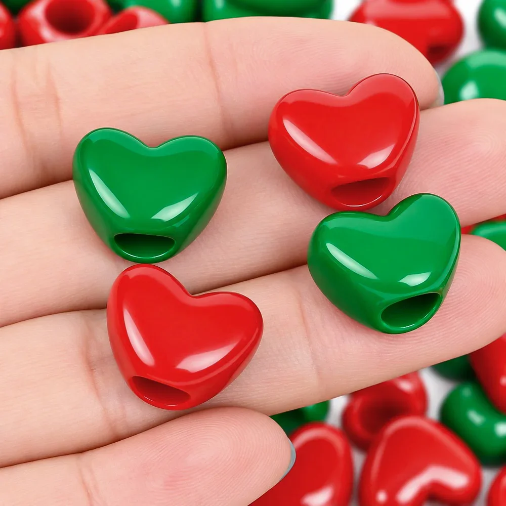 iYOE 20/50/100pcs Christmas Acrylic Heart Love Beads Red Green Large Hole Beads for Jewelry Making Earring Necklace 11x16mm