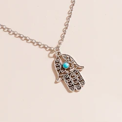 Vintage Hamsa Fatima Hand Pendant Natural Stone Evil Eye Necklace for Women Men Unisex Hollow Creative Clavicle Choker Jewelry