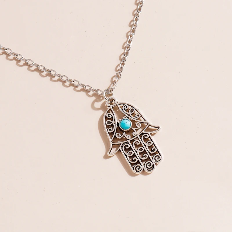 Vintage Hamsa Fatima ręczny wisiorek z kamienia naturalnego naszyjnik oko proroka dla kobiet mężczyzn Unisex Hollow kreatywny obojczyka Choker biżuteria