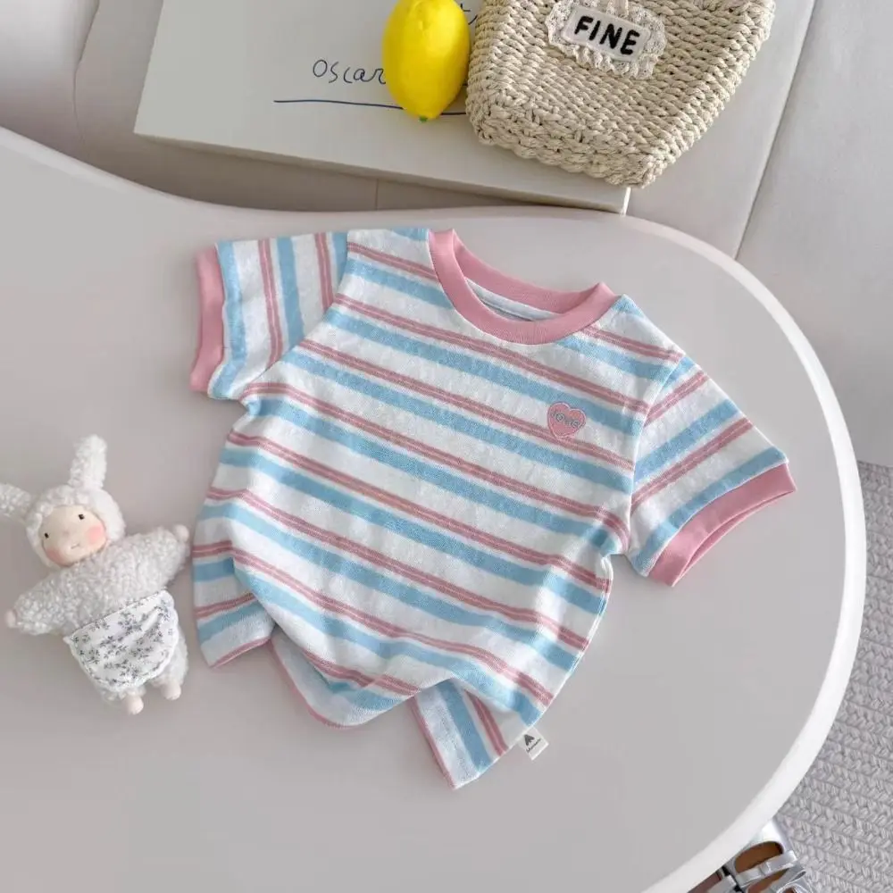 New Striped Print Kids T-shirt Breathable Oversized Crop Tops Korean Style Heart-shaped Embroidery Short Sleeved Summer