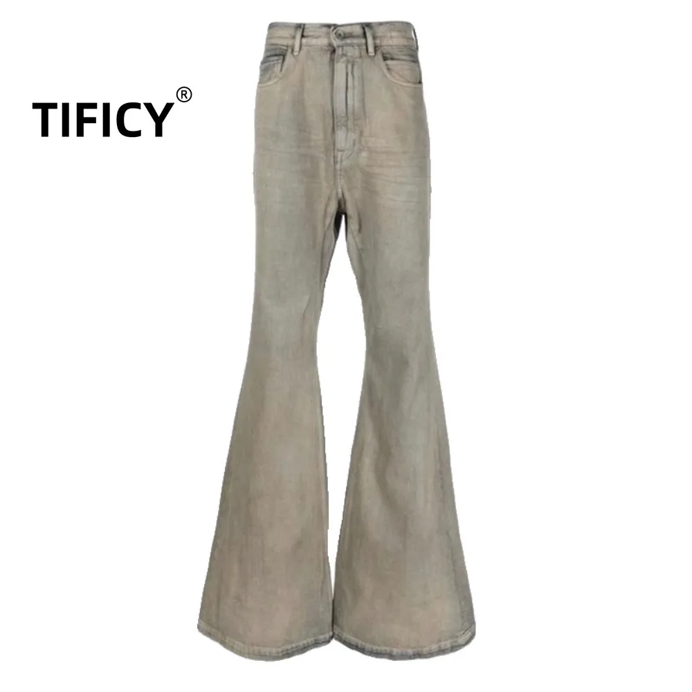High Street RO Style Denim Pants Men's Desert Color Horn Wide Legs Look Skinny Dragging Floor Wrinkled Cat Beard Jeans Pant