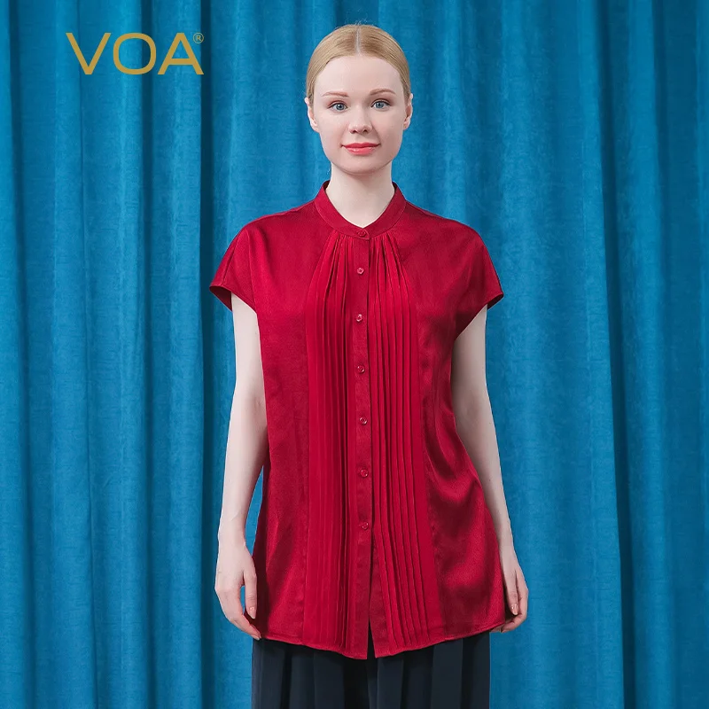 

Silk Elastic Stand Collar Short Sleeve Wine Red Micro Elastic Fold Shirt Blusas Mujer De Moda 2022 Verano Elegantes BE618