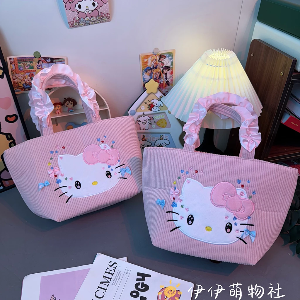 Sanrio Hello Kitty Plush มือถือกล่องอาหารกลางวันกระเป๋า KT Cat โคมไฟ Core กํามะหยี่ขอบดอกไม้มือถือกระเป๋า Bento กระเป๋าช้อปปิ้งหญิง