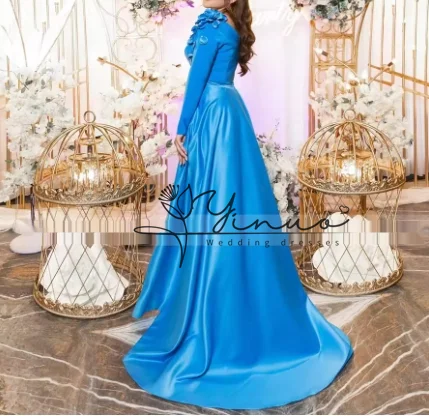 Vestidos de noite azuis reais personalizados para mulheres flores mangas compridas vestidos de noite com trem destacável parte de luxo