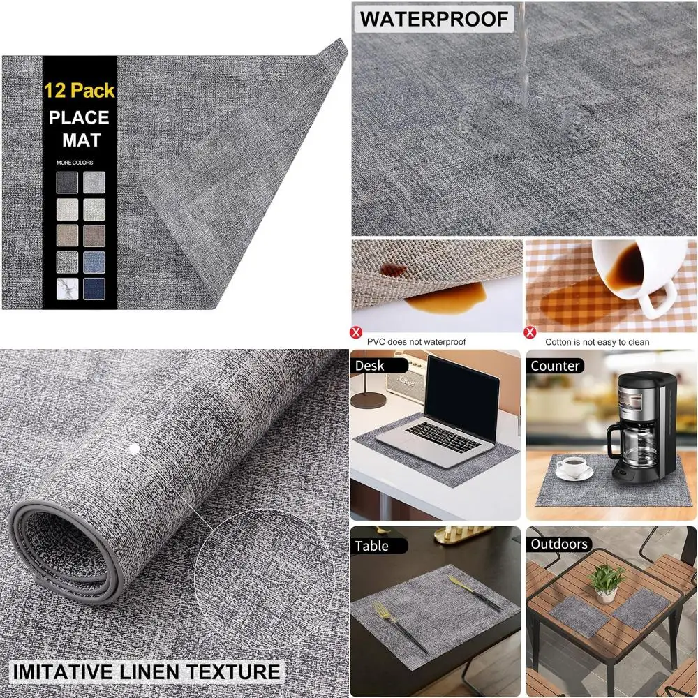 

Heat Resistant PU Placemats Set of 12, Waterproof and Wipeable for Indoor & Outdoor Use, Easy Clean, Smokey Grey