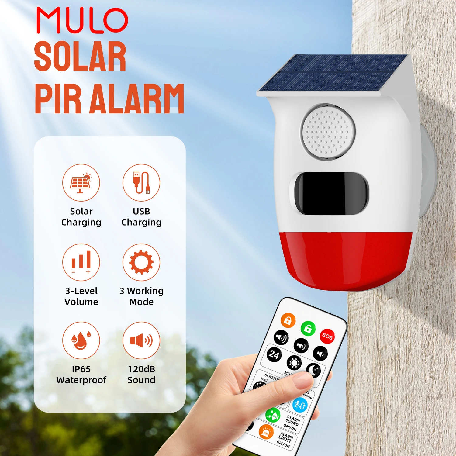 2. Allarme solare esterno Sensore di movimento a infrarossi PIR Sirena da 120 dB Suono Luce Flash Protezione di sicurezza impermeabile per cortile