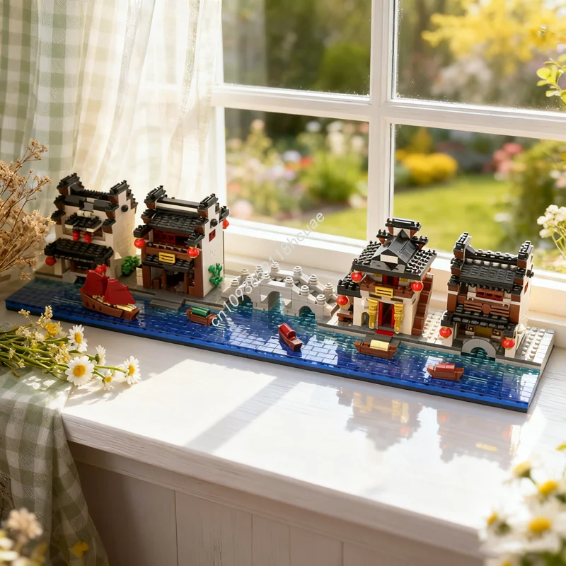 

1966 шт. MOC, Азиатский речной город, модульная мини-модель, строительные блоки, строительная игрушка, идея для сборки, рождественские подарки, образовательный кирпич