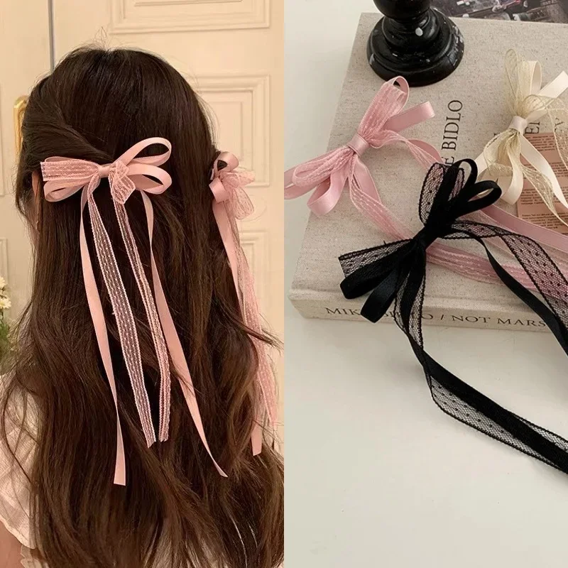 Pink Black Lace Bowkont Hair Clip Trend Long Ribbon Hairpin Barrettes Headbands for Girl Hair Styling Accessories Korean Fashion