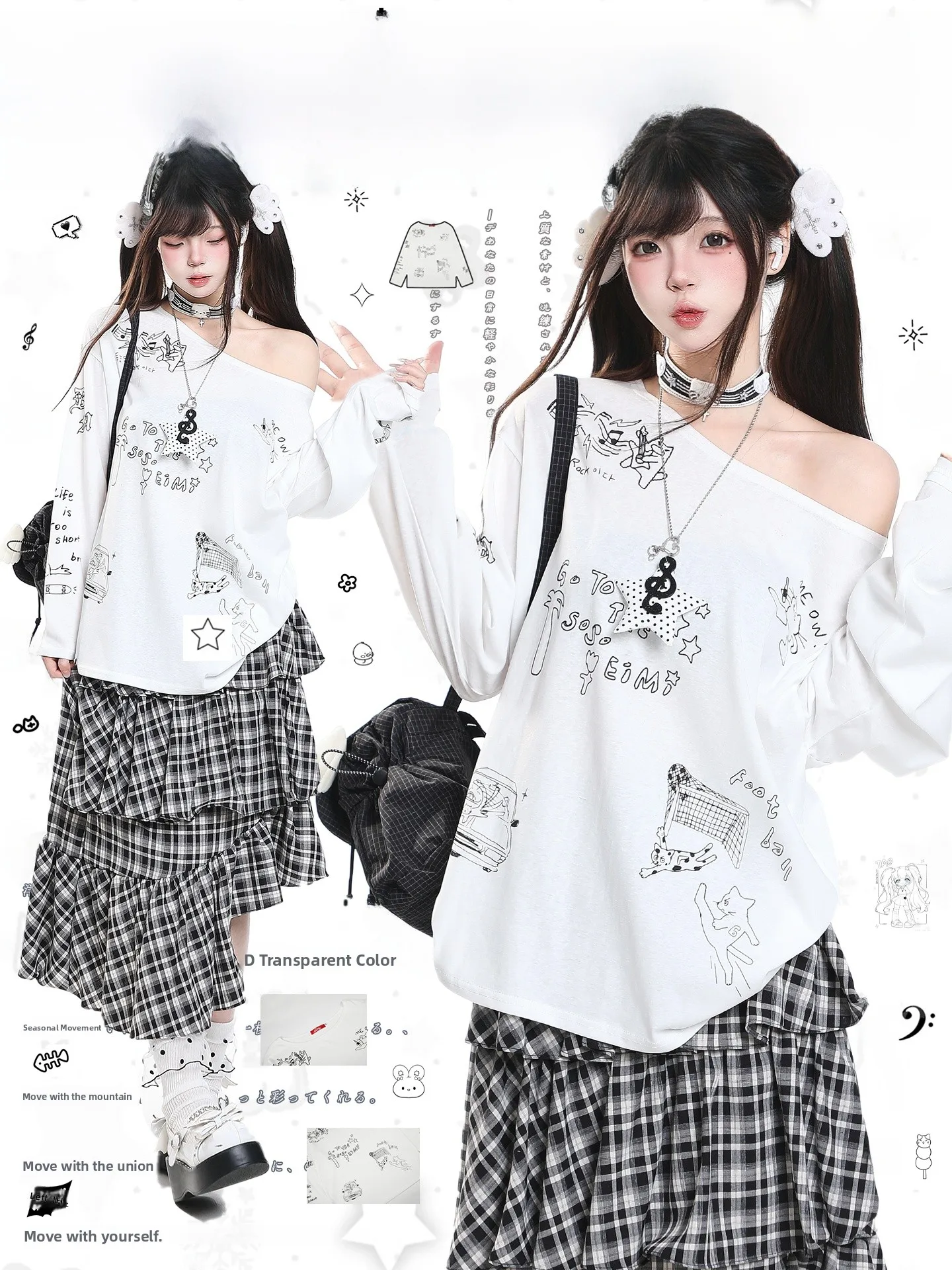 Sweet Hand-Drawn Graffiti Shoulder-Baring Long Sleeve T-Shirt Women's Summer Korean Style Casual Sun Protection Loose Anti-Ag...