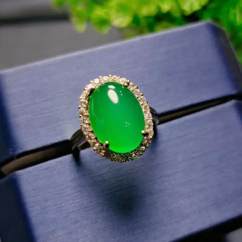 Natural Green Jade Ring Adjustable Size Women Band Genuine Chrysoprase Inlaid Zircon Jades Rings Jewelry Ladies Gifts