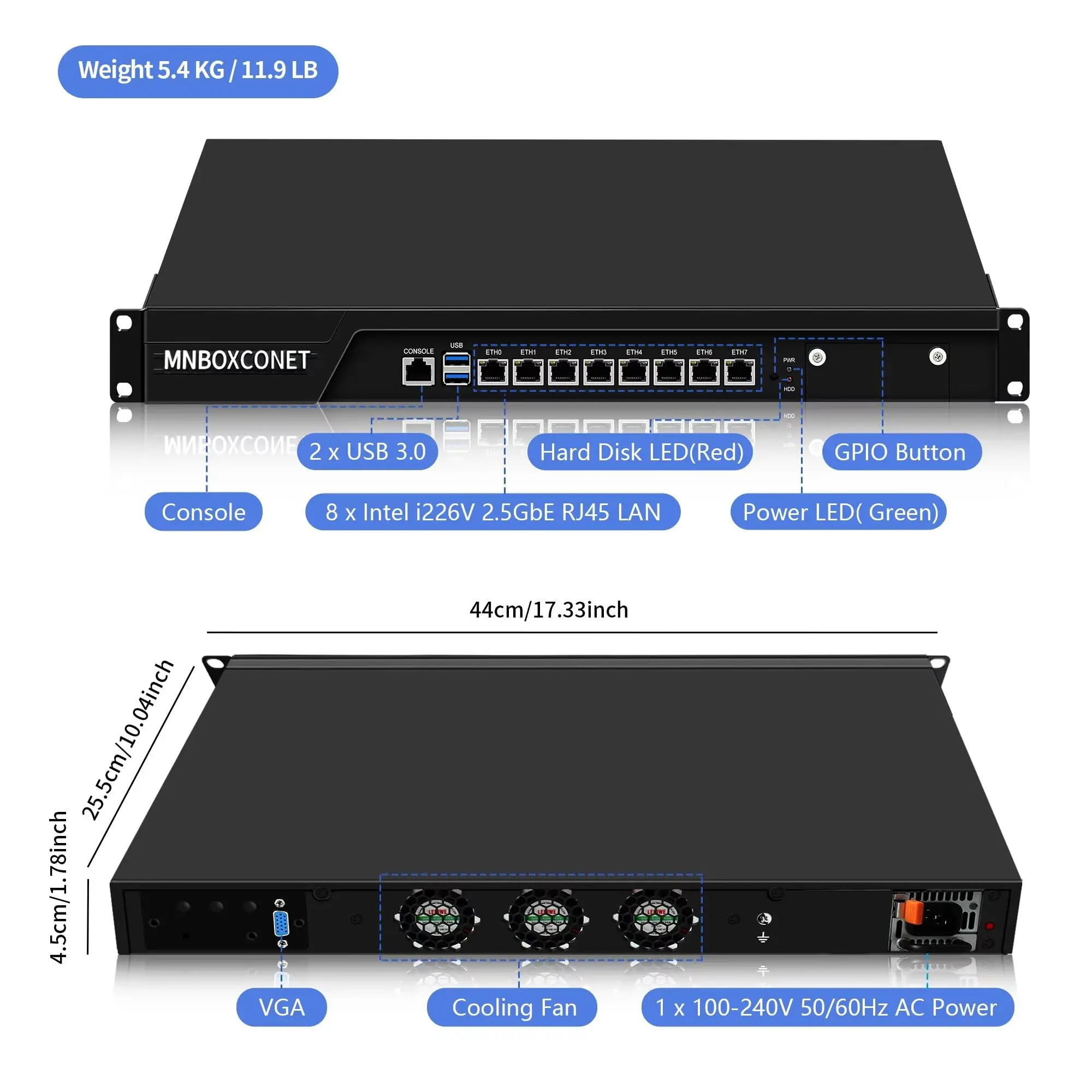 MNBOXCONET 1U Server per montaggio su rack Apparecchio per router firewall da 19 pollici i5-7500, 8 x console Gigabit Ethernet i226V OPNsense, VPN,