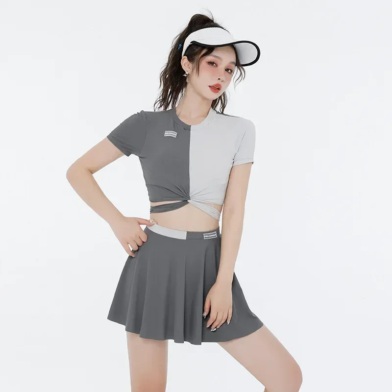 

Серый контрастный комплект бикини из 3 предметов, женский укороченный топ с короткими рукавами и юбкой, купальник, корейский праздничный купальный костюм, купальник с высокой талией