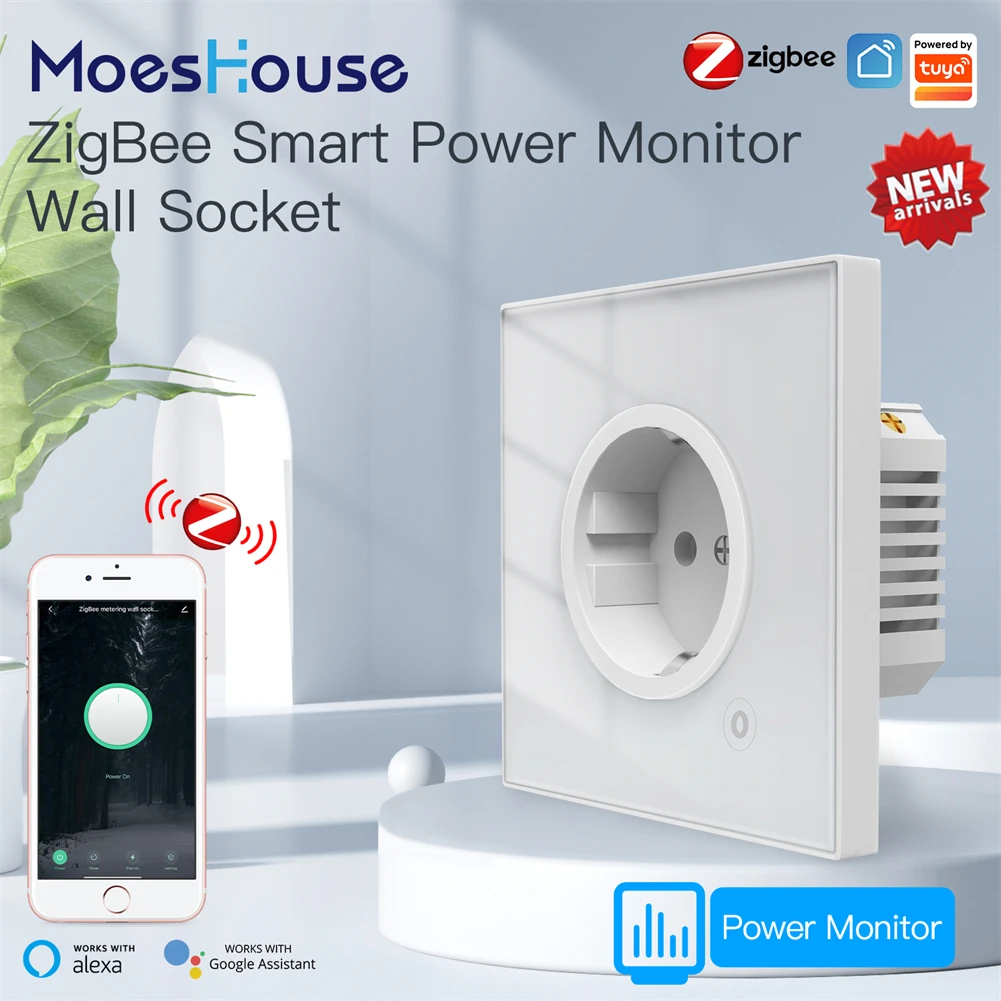 Moes ZigBee Smart Wall Socket Glass Panel Outlet Power Monitor tuya Wireless Control Mesh Timer Alexa Google Home voice EU