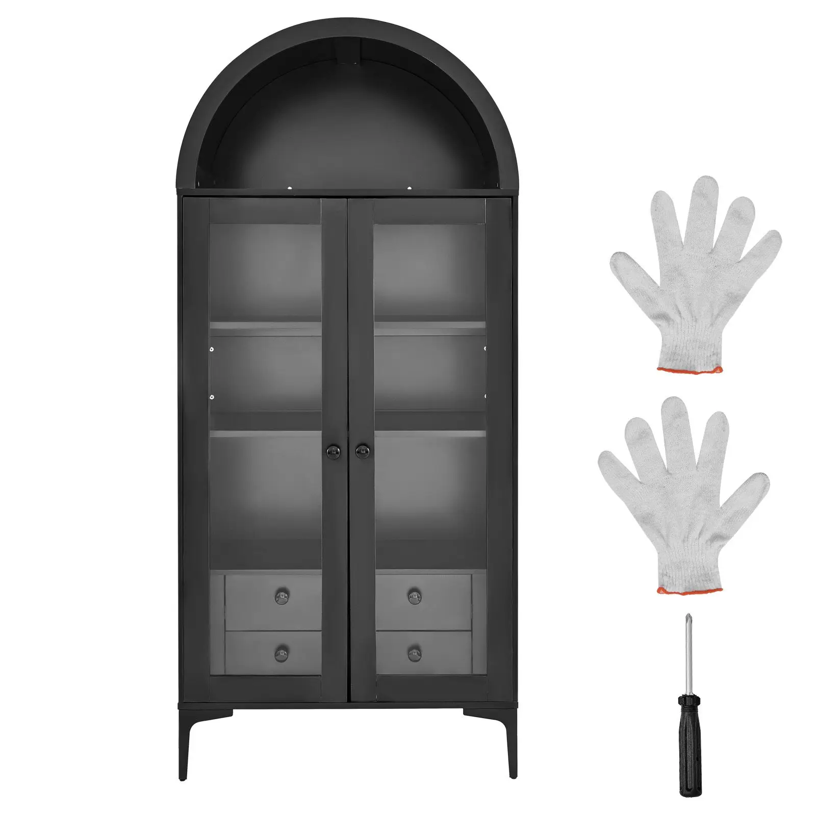 Arched Display Cabinet with Glass Doors, 70 in Tall Curio Cabinet, 4-Tier Display Case with 2 Adjustable Shelves, Bookcase Books