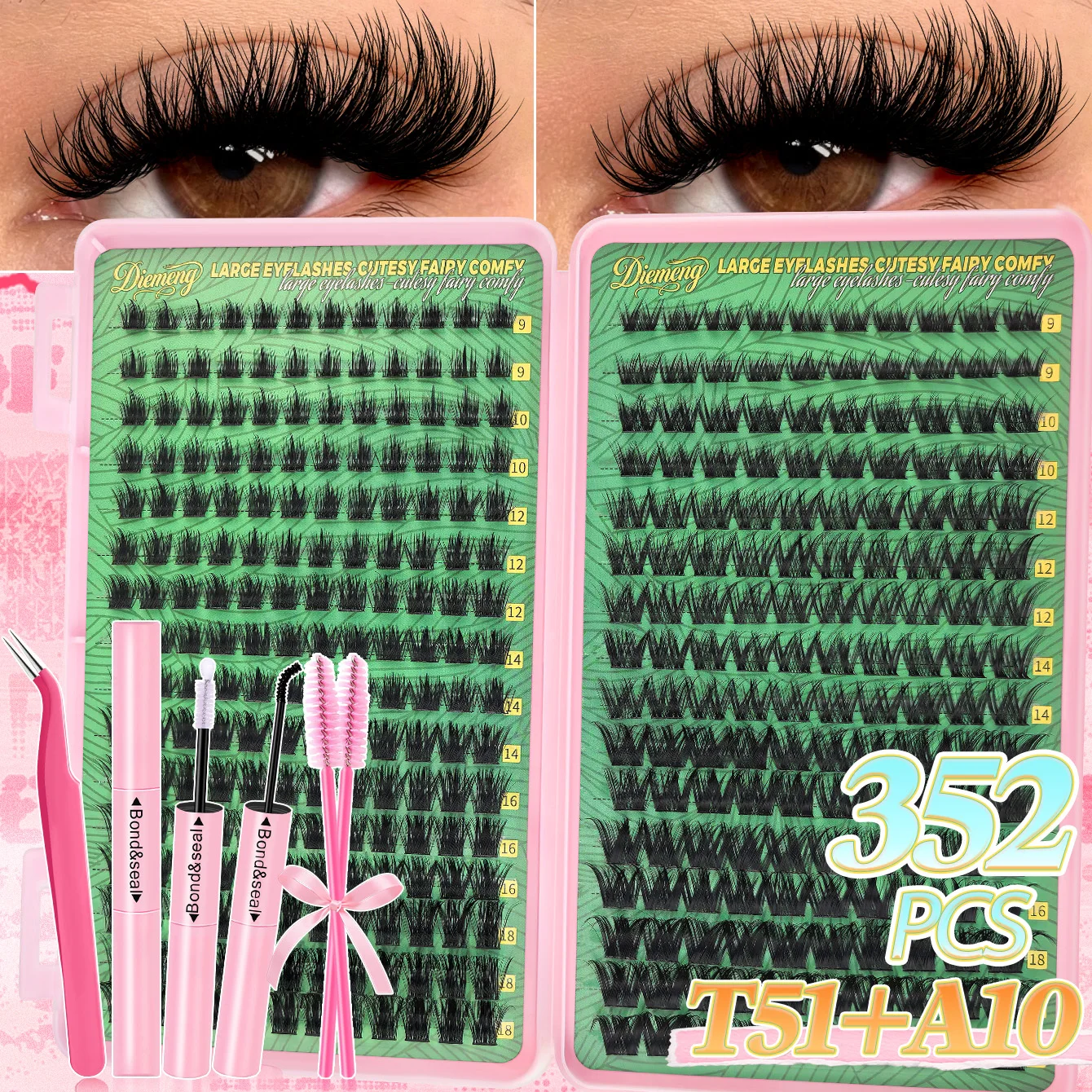 352PCS Fluffy Lash Clusters Kit, Mixed Style A17+A11/T51+A10 Individual Lash Extensions, DIY Volume Lashes with Glue Tweezers