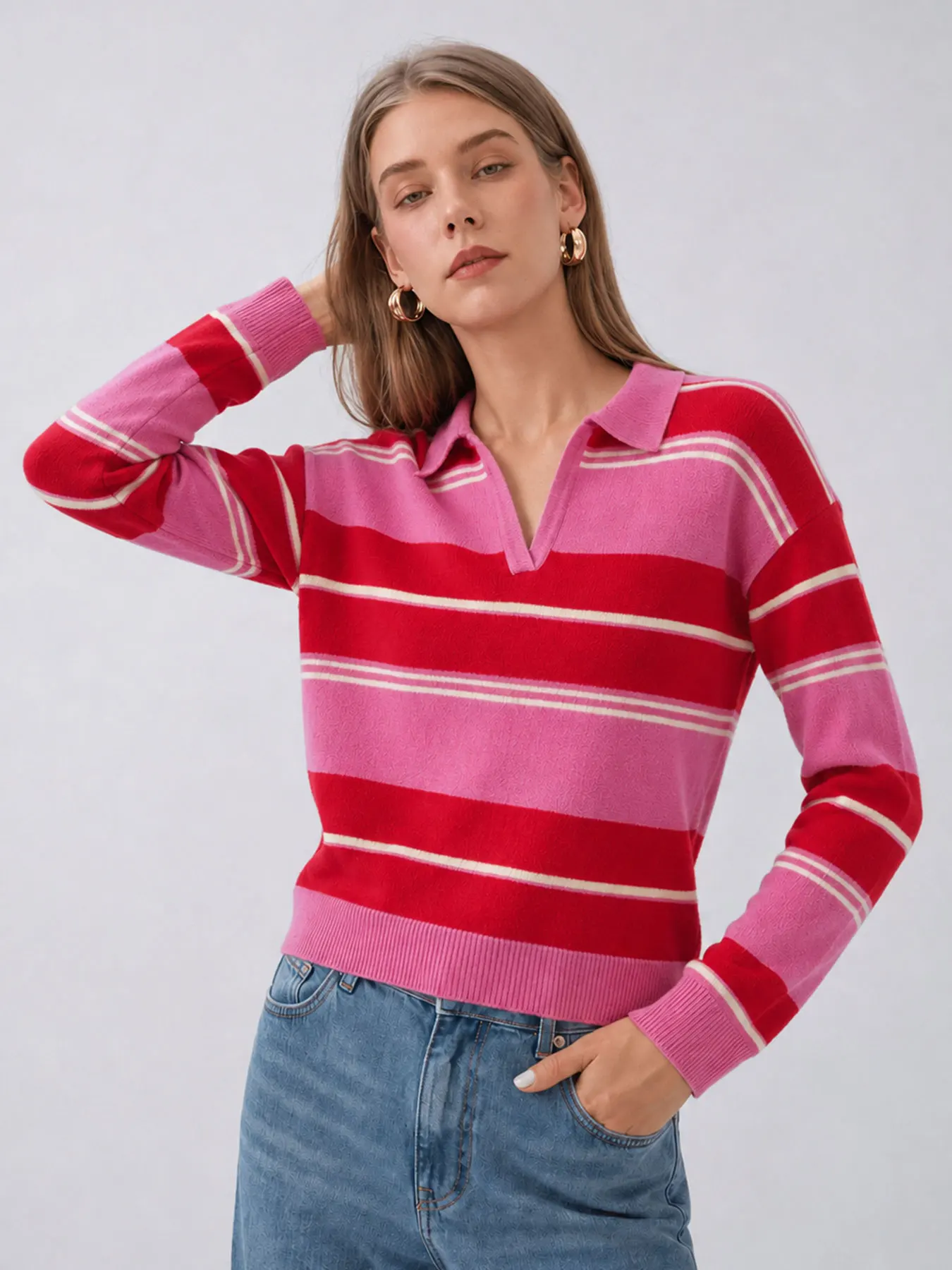 HH Womens Trendy Polo Collar Pullover Contrast Stripe Long Sleeves Casual Party Sweater Fashion Autumn Vacation Chic Tops