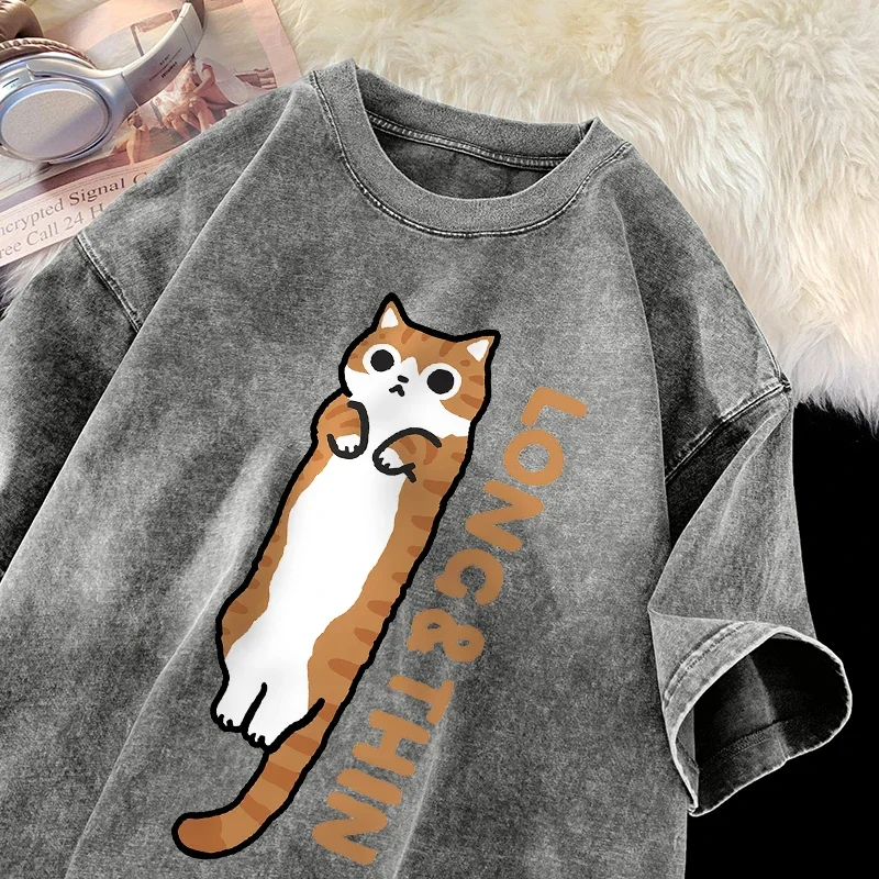 سليم القط المشارب الصيف البرتقال القط سيامي خمر غسلها قصيرة الأكمام تي شيرت الرجال والنساء تي شيرت غير رسمي تي شيرت #2