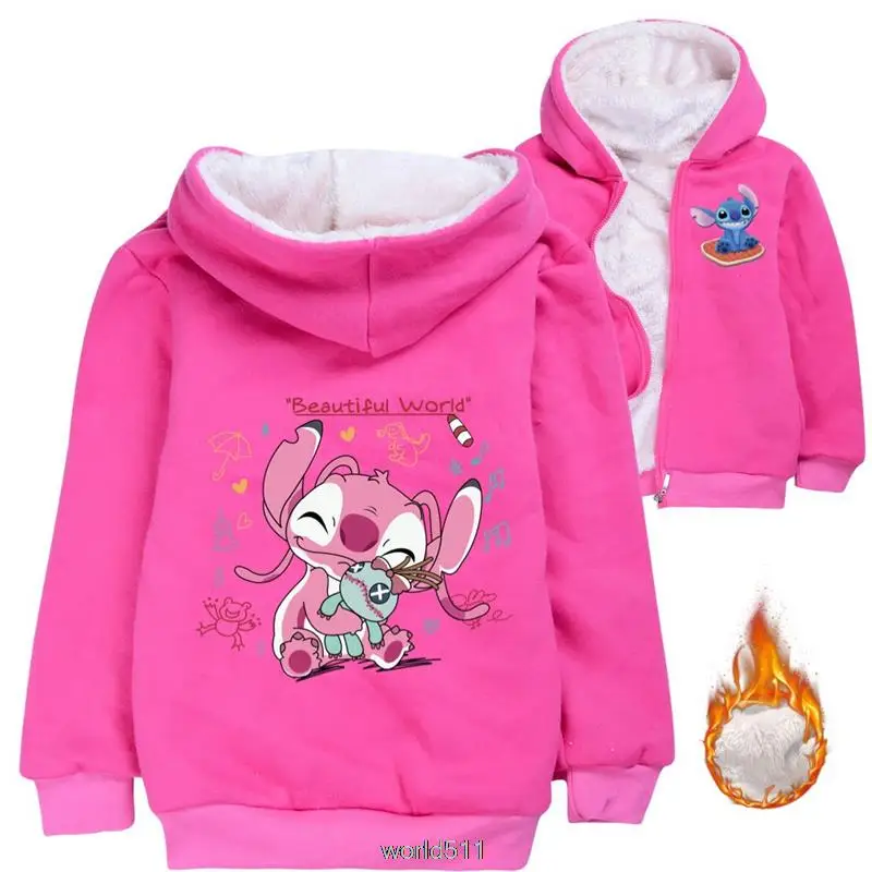 Stitch Baby Girls Cartoon Printed Children Plus Velvet Warm Girls Cotton Jacket Sweatshirt Thick Kids Clothing Jacket